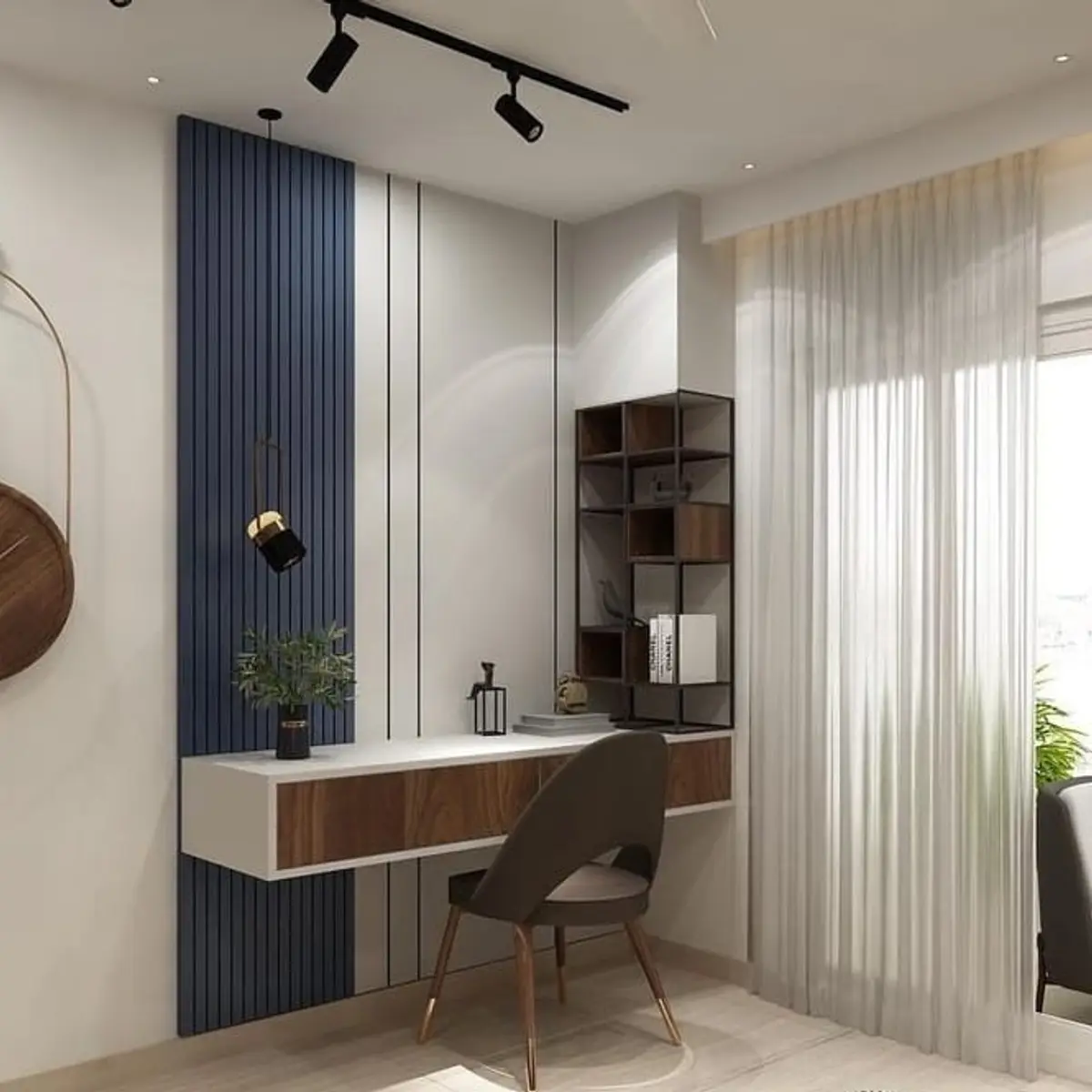 grey modern minimalist study room with panelling — real Indian home