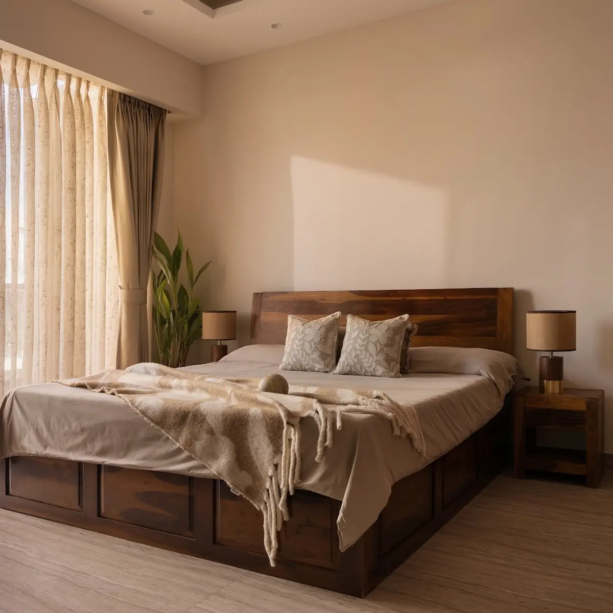 beige modern indian master bedroom with bed — real Indian home