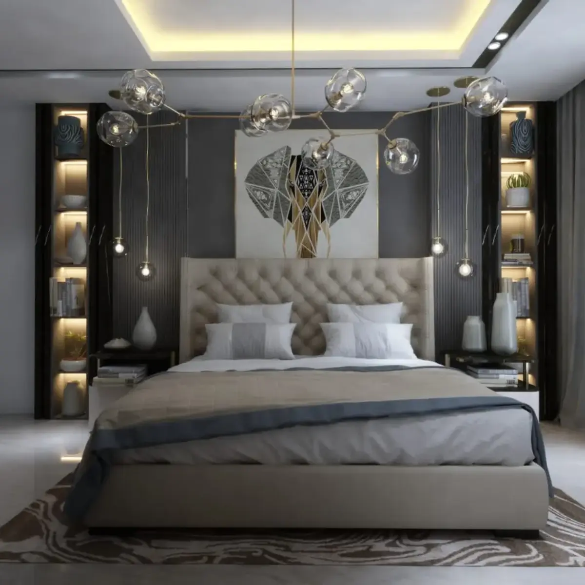black and white luxury master bedroom with cove — real Indian home