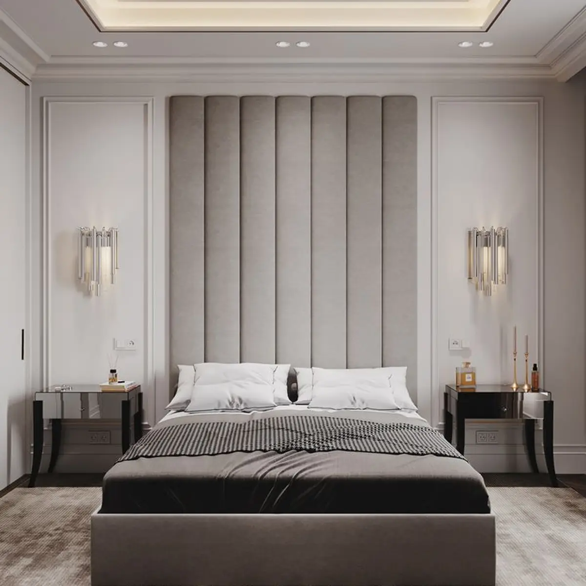 black and white traditional master bedroom with bed — real Indian home