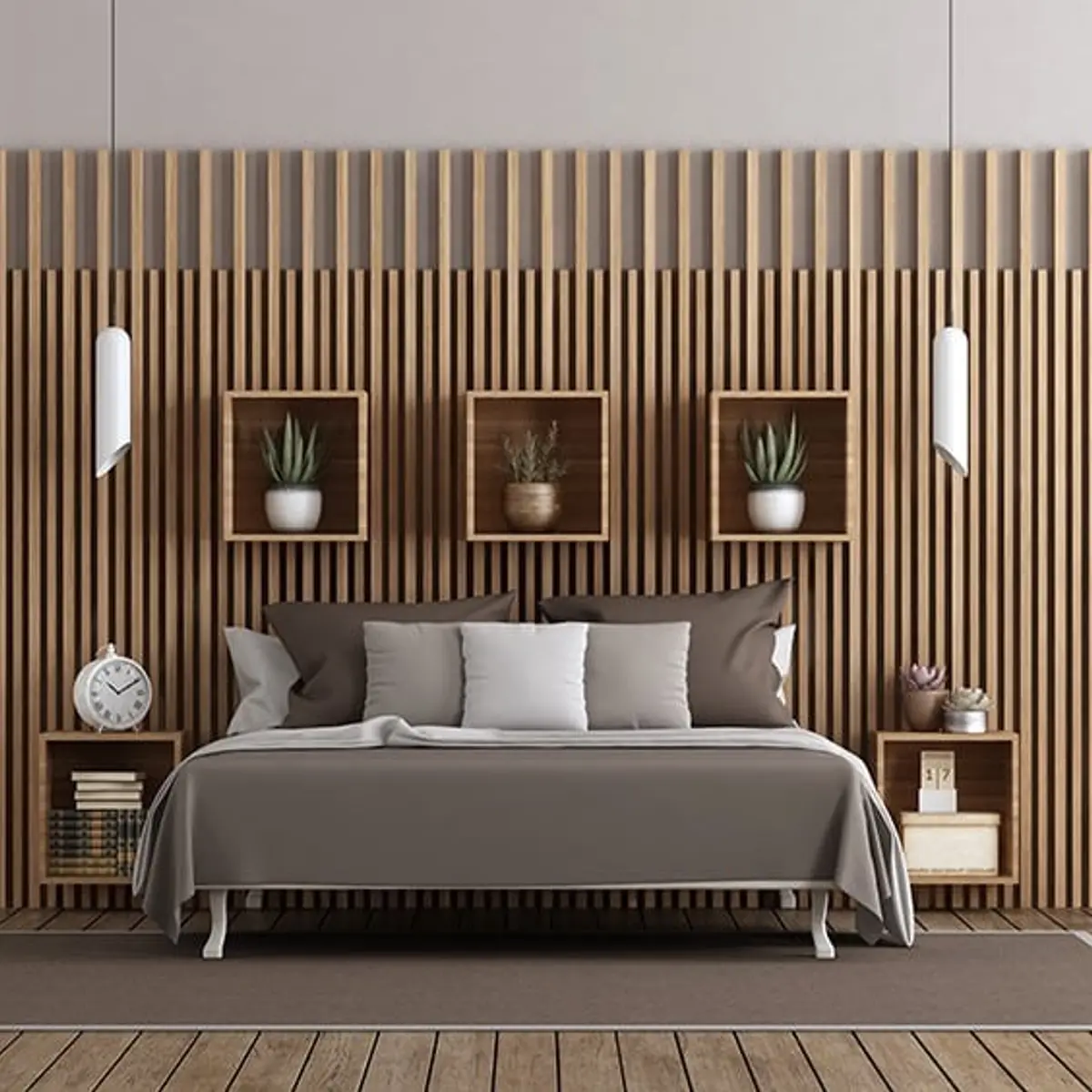 earthy japandi master bedroom with panelling — real Indian home