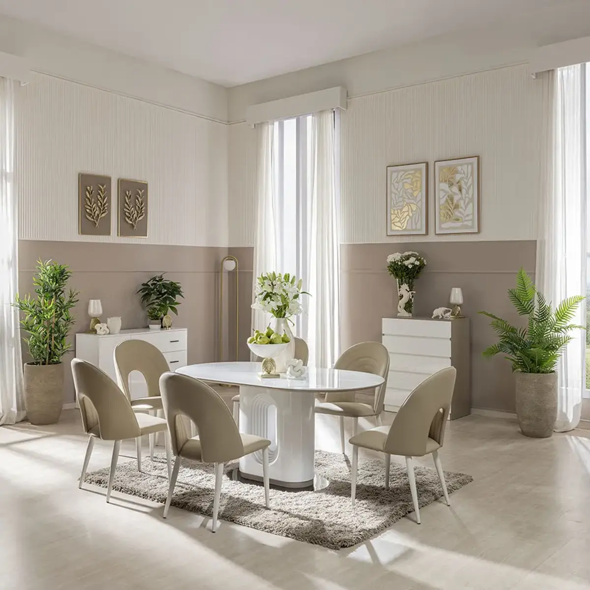 beige modern minimalist dining room with panelling — real Indian home
