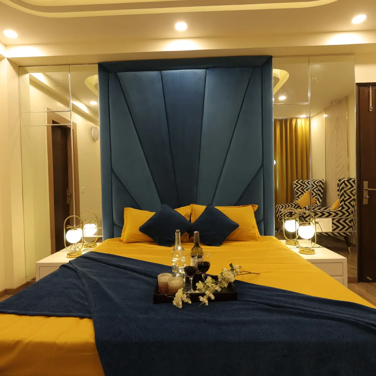 jewel tone luxury master bedroom with cove — real Indian home