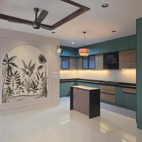 bold colour modern indian kitchen with layout — real Indian home