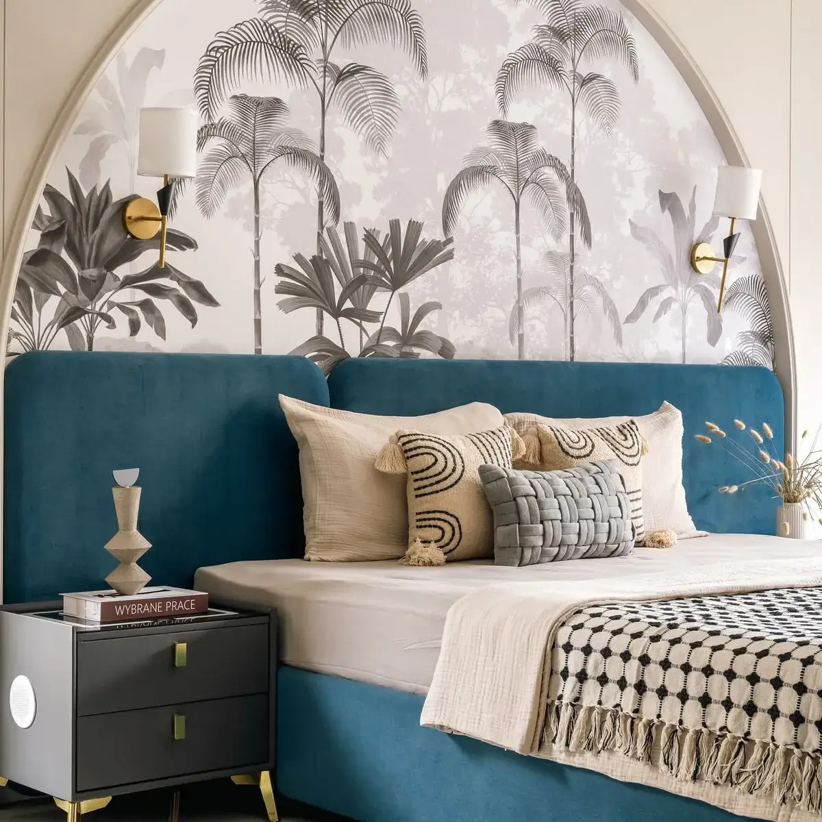 grey boho master bedroom with wallpaper — real Indian home