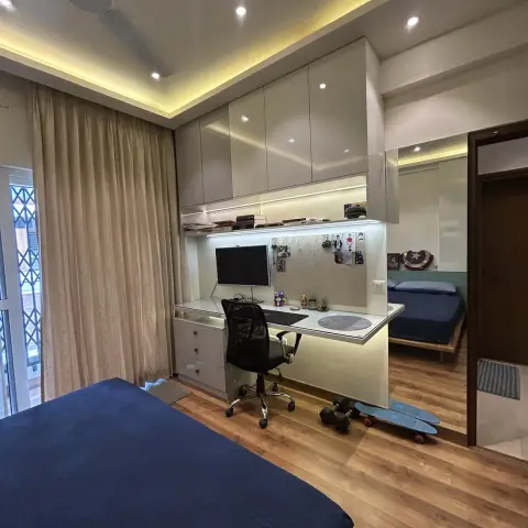 grey modern minimalist kids bedroom with study — real Indian home
