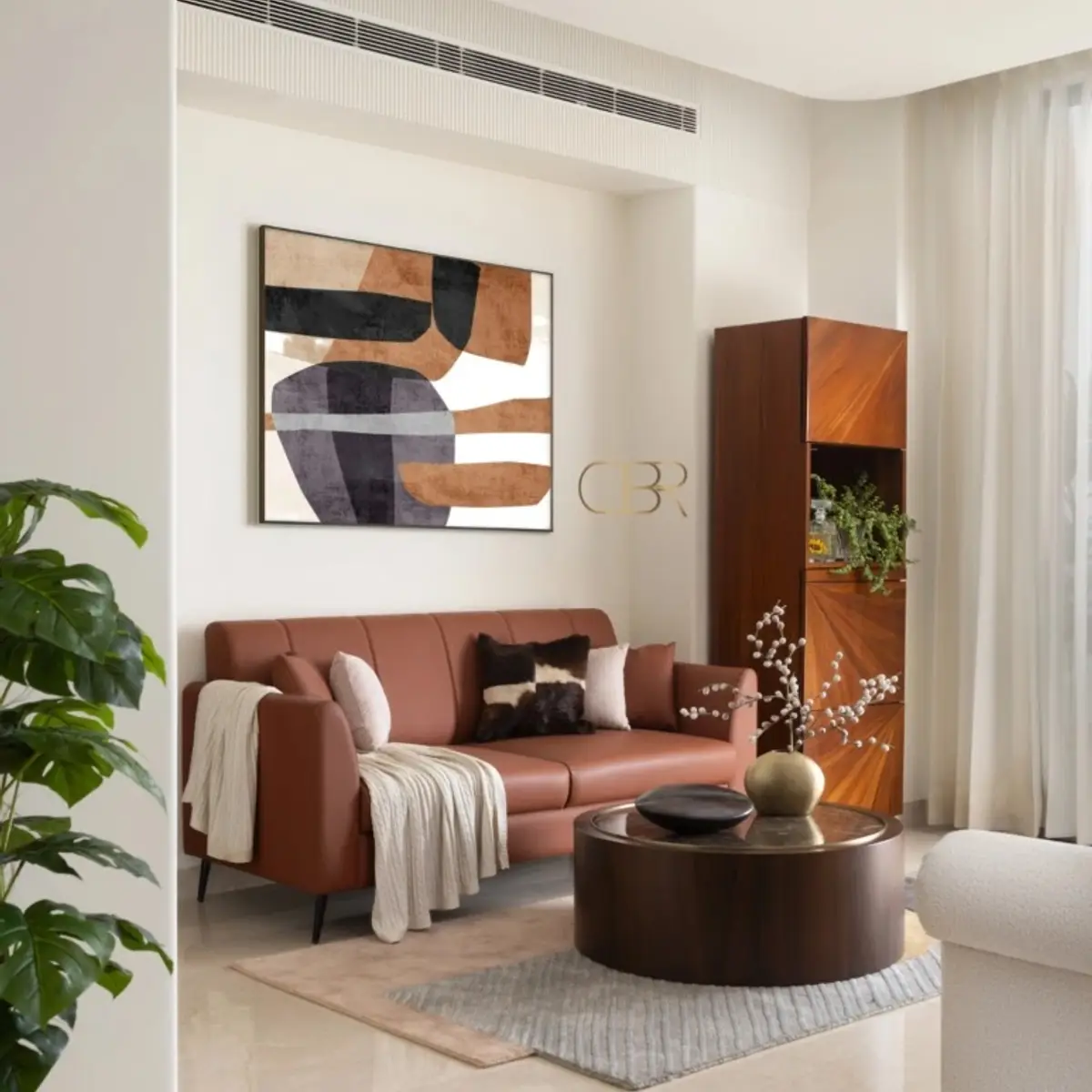 earthy modern minimalist living room with seating — real Indian home