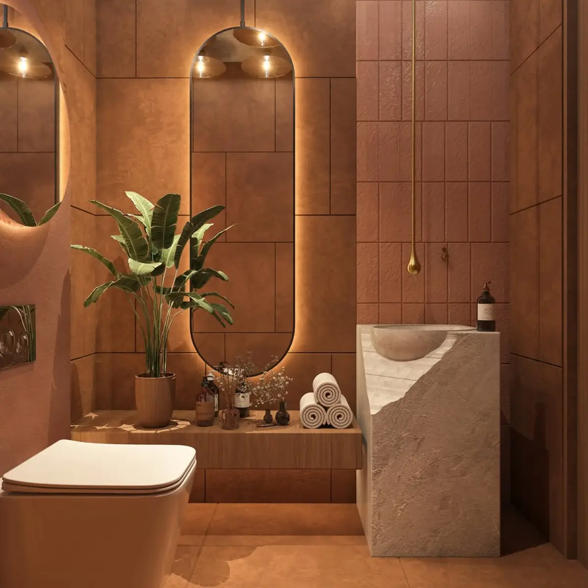 earthy boho bathroom with vanity — real Indian home