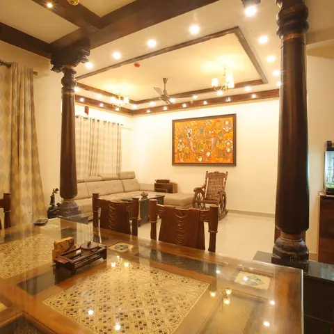 beige traditional dining room with cove — real Indian home