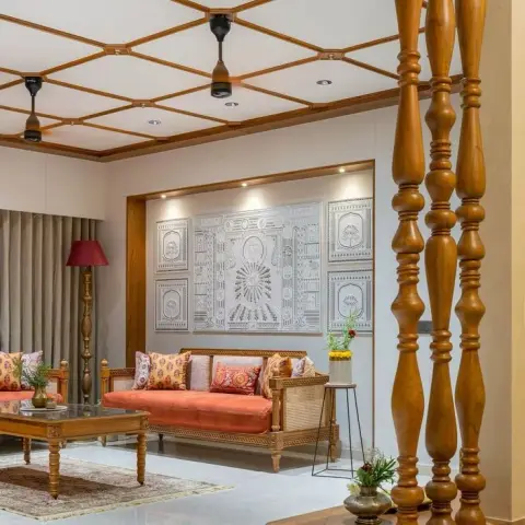 earthy traditional living room with wood — real Indian home