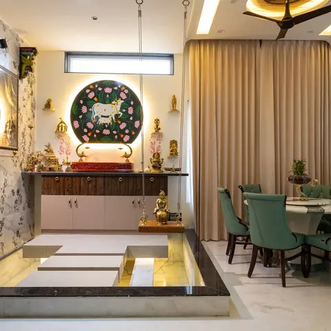 beige modern indian pooja room with pooja — real Indian home