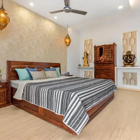 beige traditional master bedroom with wallpaper — real Indian home