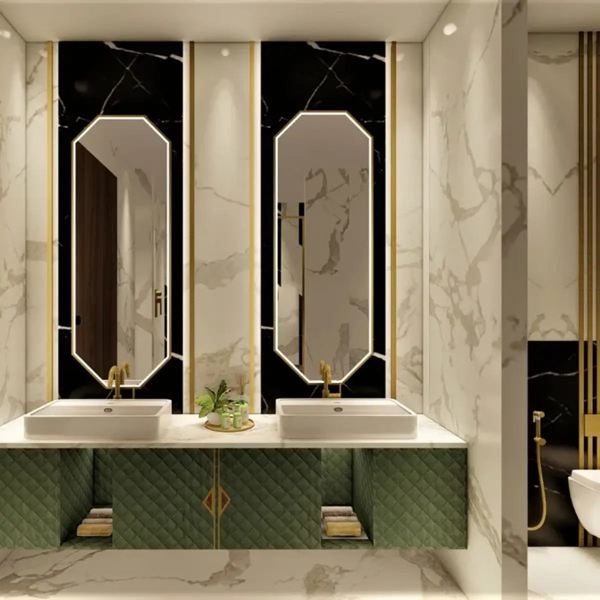 jewel tone luxury bathroom with vanity — real Indian home