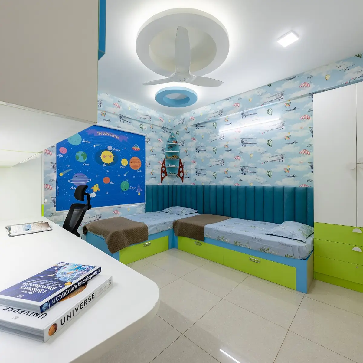 bold colour kids bedroom with wallpaper — real Indian home