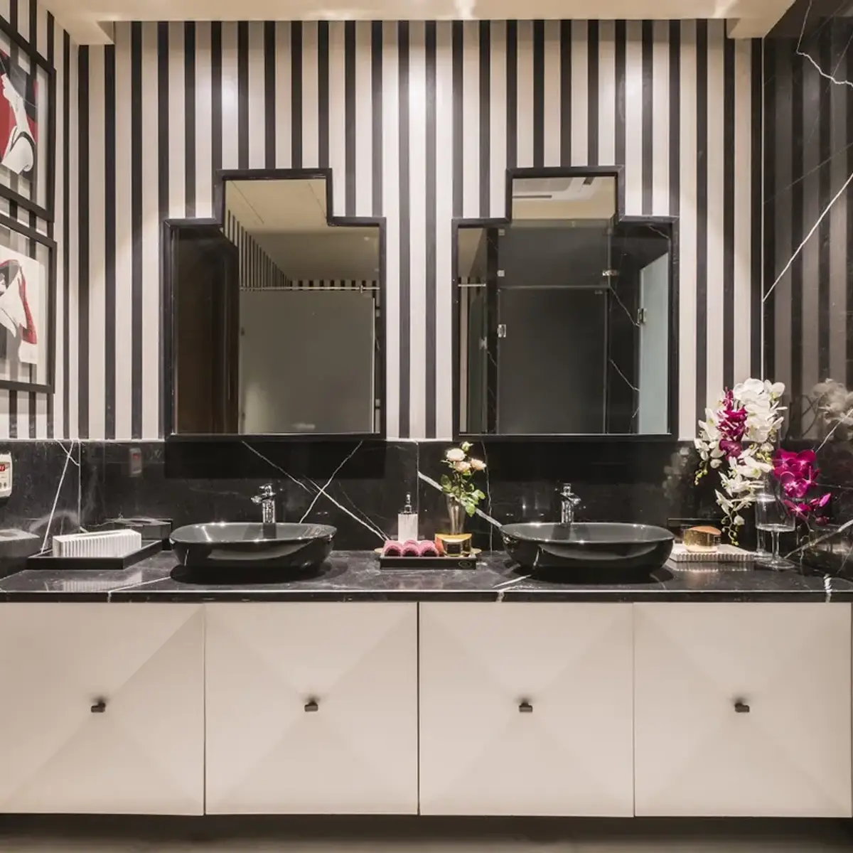 black and white luxury bathroom with vanity — real Indian home