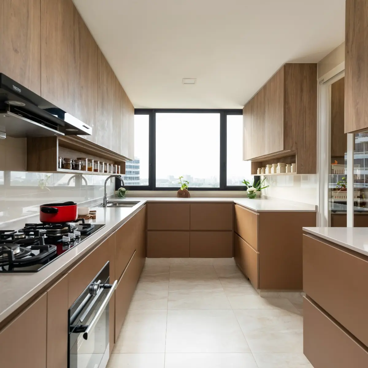beige modern minimalist kitchen with layout — real Indian home