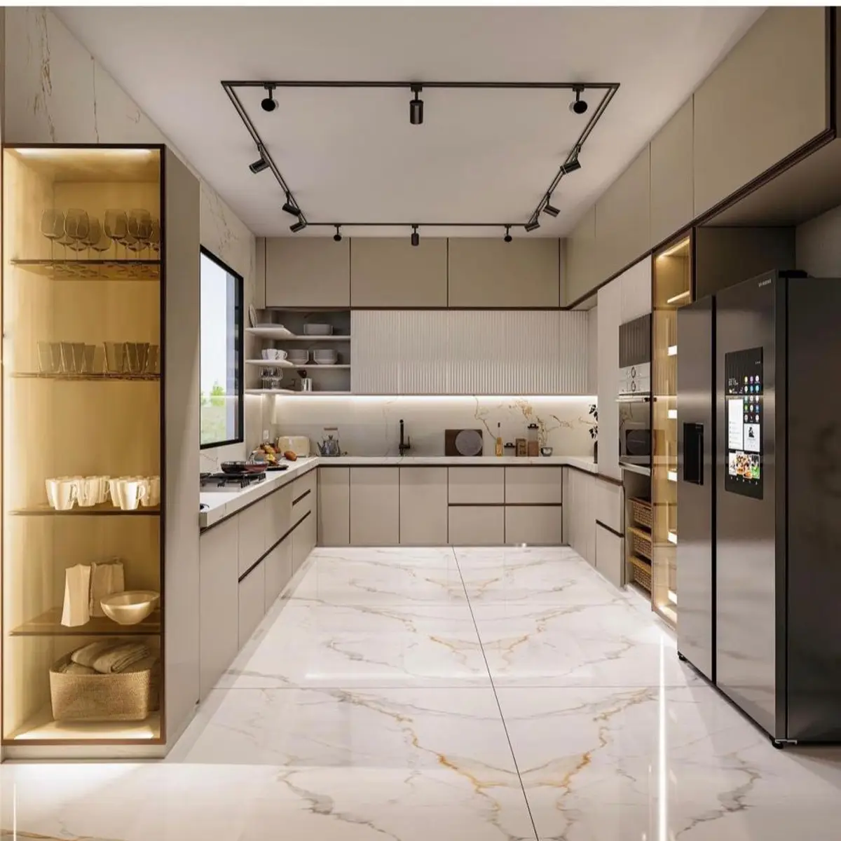 beige modern indian kitchen with layout — real Indian home