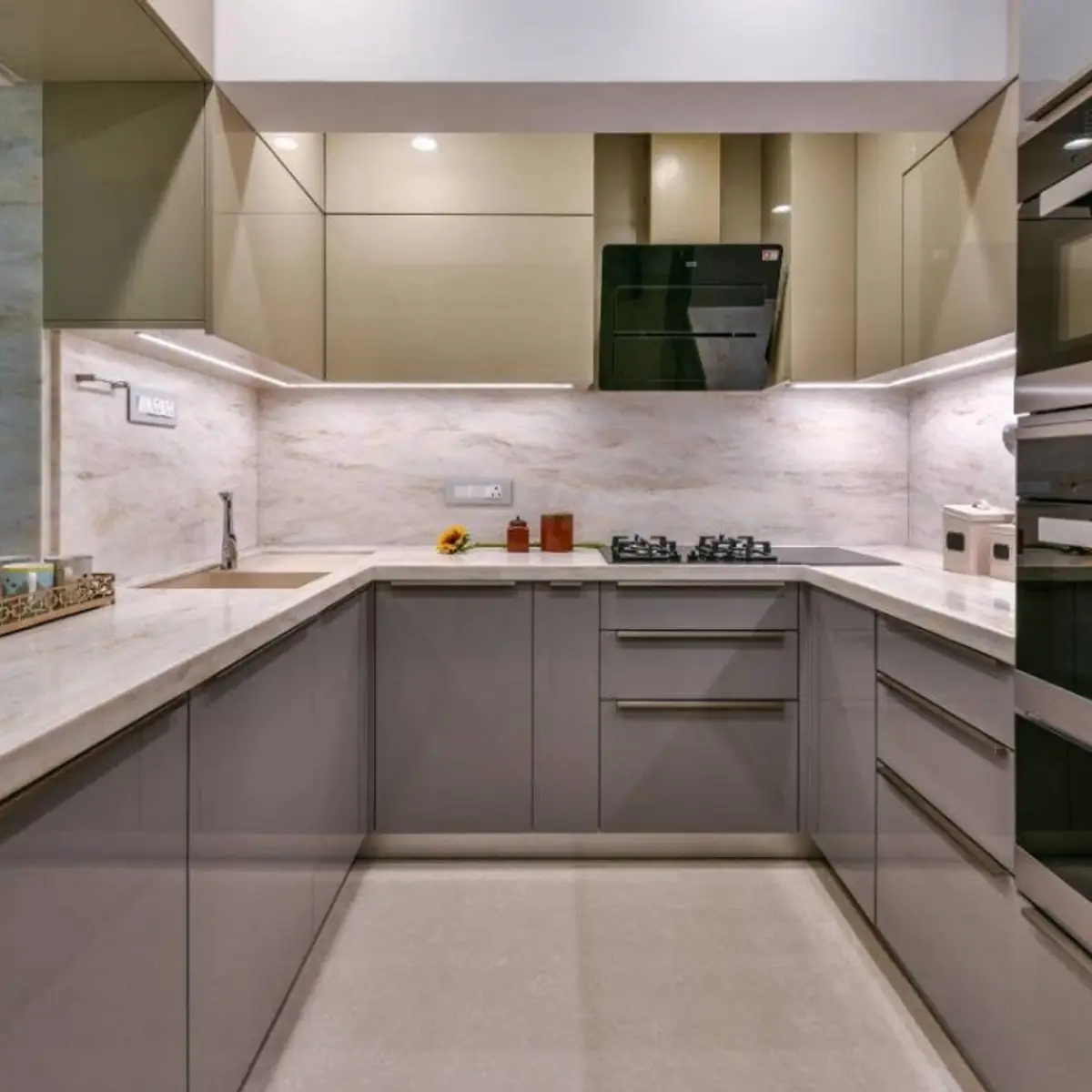 beige modern indian kitchen with layout — real Indian home