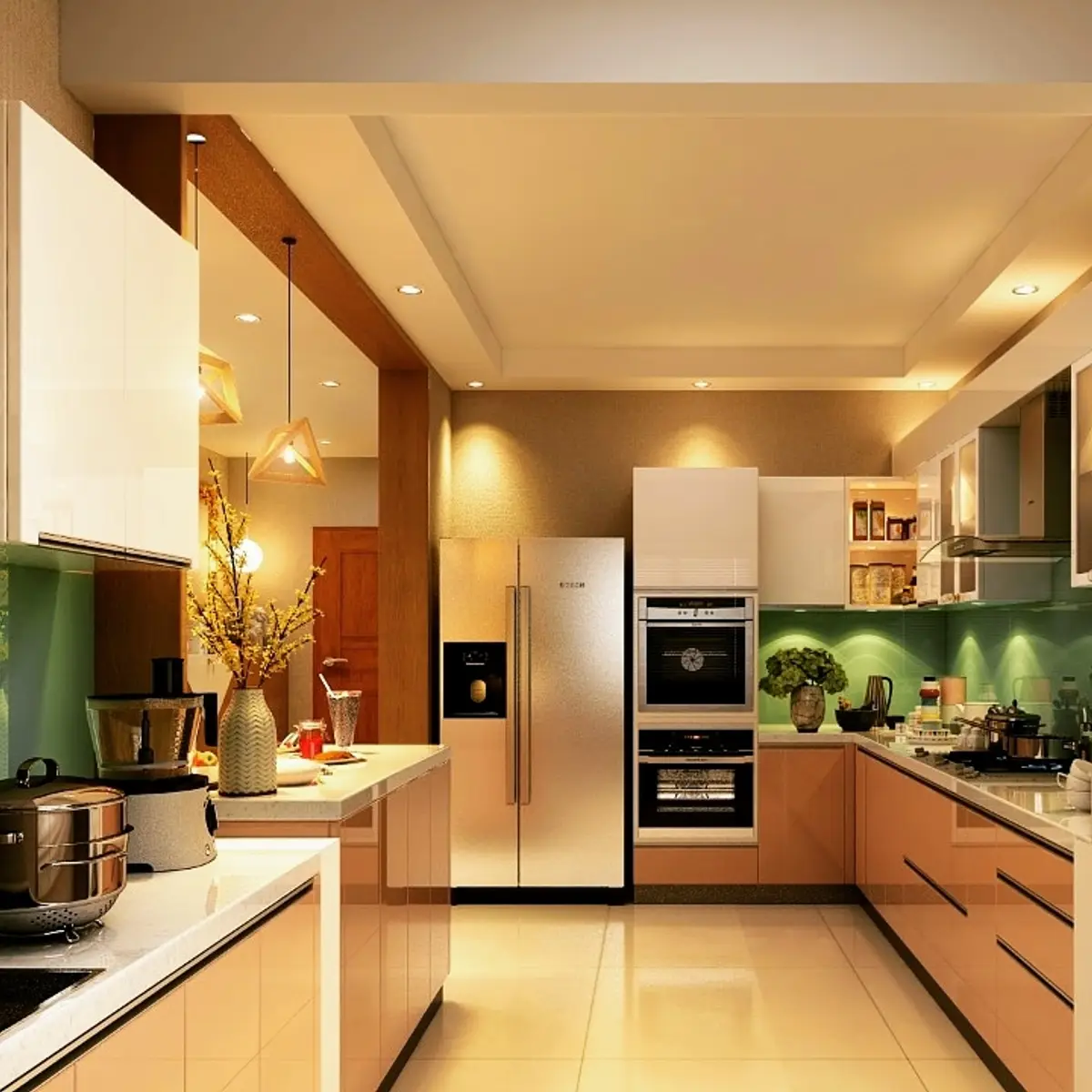 beige modern indian kitchen with layout — real Indian home