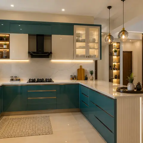 jewel tone modern indian kitchen with layout — real Indian home