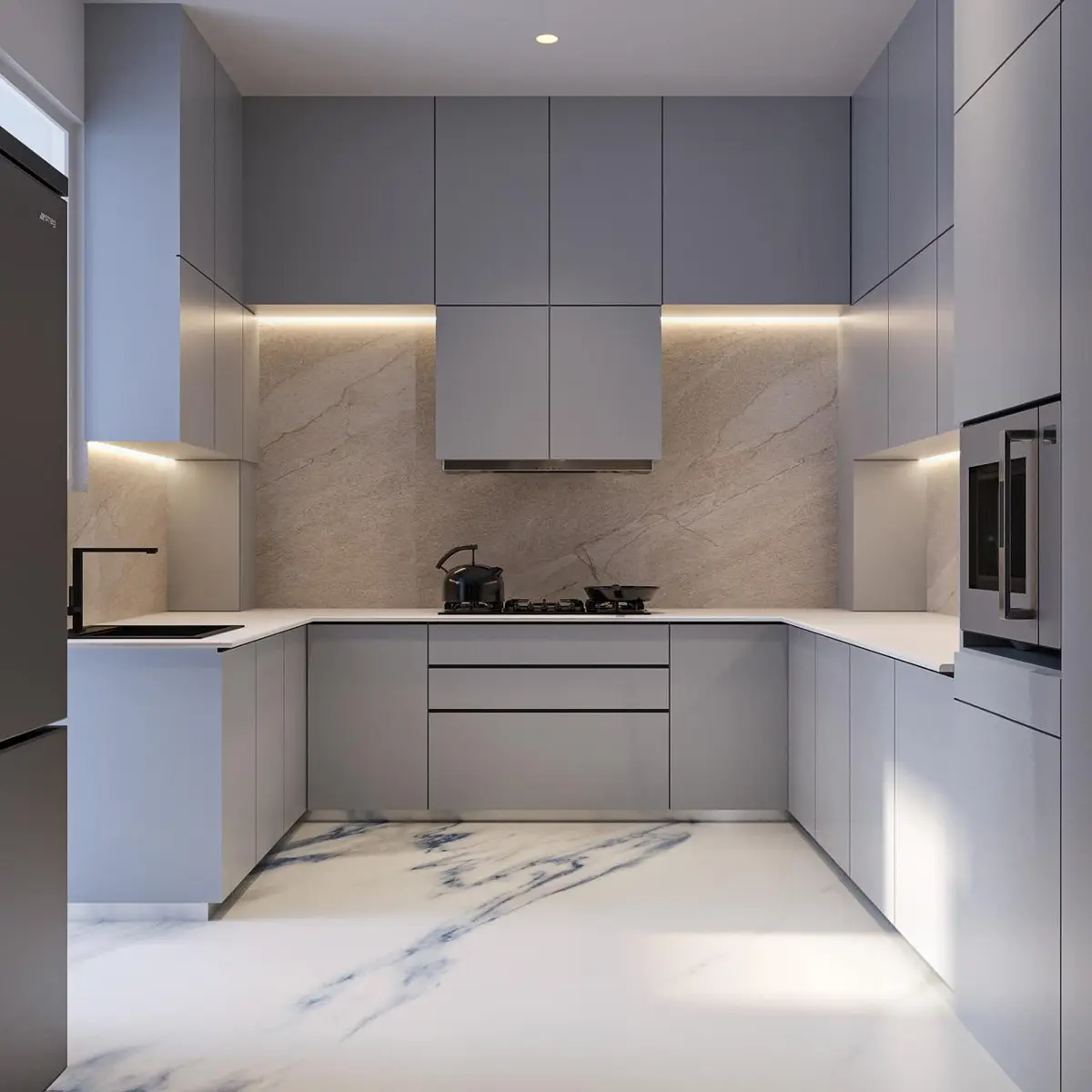 grey modern minimalist kitchen with shutter — real Indian home