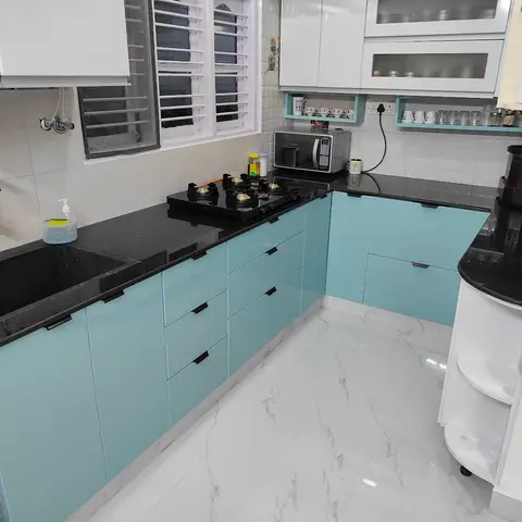 pastel modern indian kitchen with shutter — real Indian home