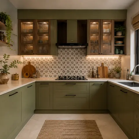 earthy modern indian kitchen with layout — real Indian home