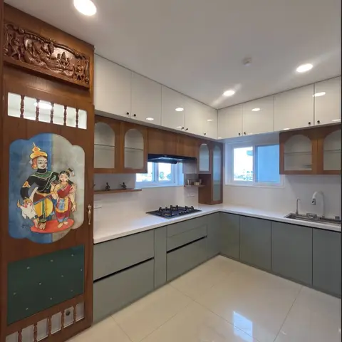 earthy modern indian kitchen with layout — real Indian home