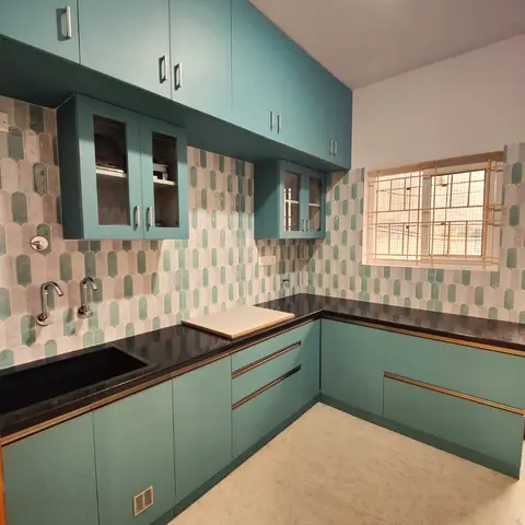 bold colour boho kitchen with layout — real Indian home