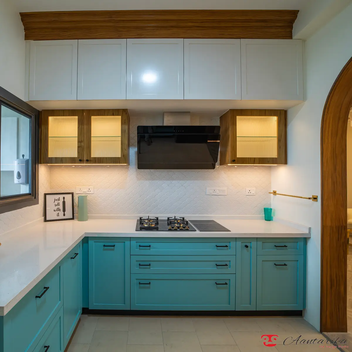 bold colour modern indian kitchen with layout — real Indian home