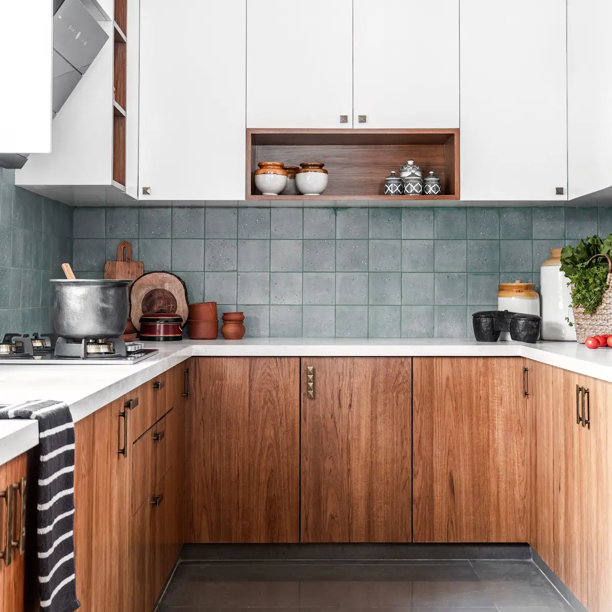 earthy mid century kitchen with layout — real Indian home