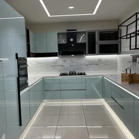 pastel modern minimalist kitchen with layout — real Indian home