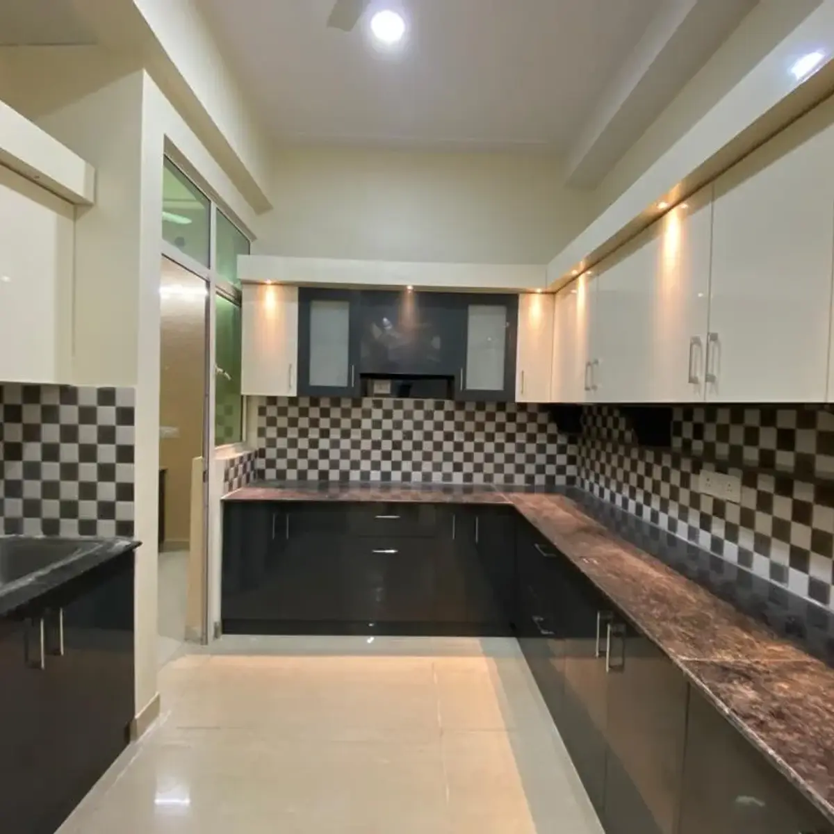 black and white modern indian kitchen with layout — real Indian home