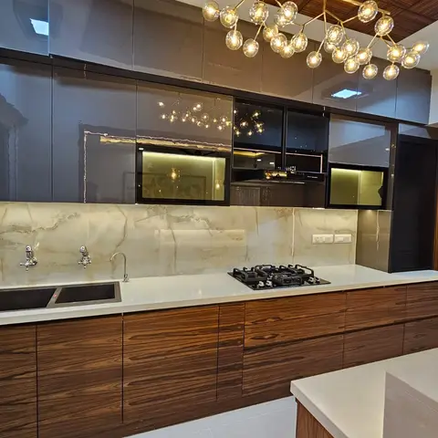 beige modern indian kitchen with layout — real Indian home