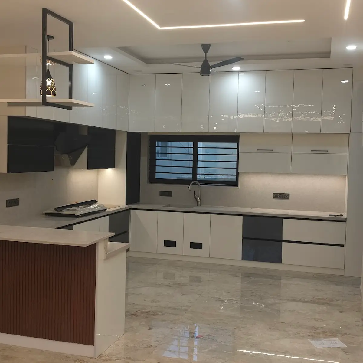 black and white modern indian kitchen with layout — real Indian home