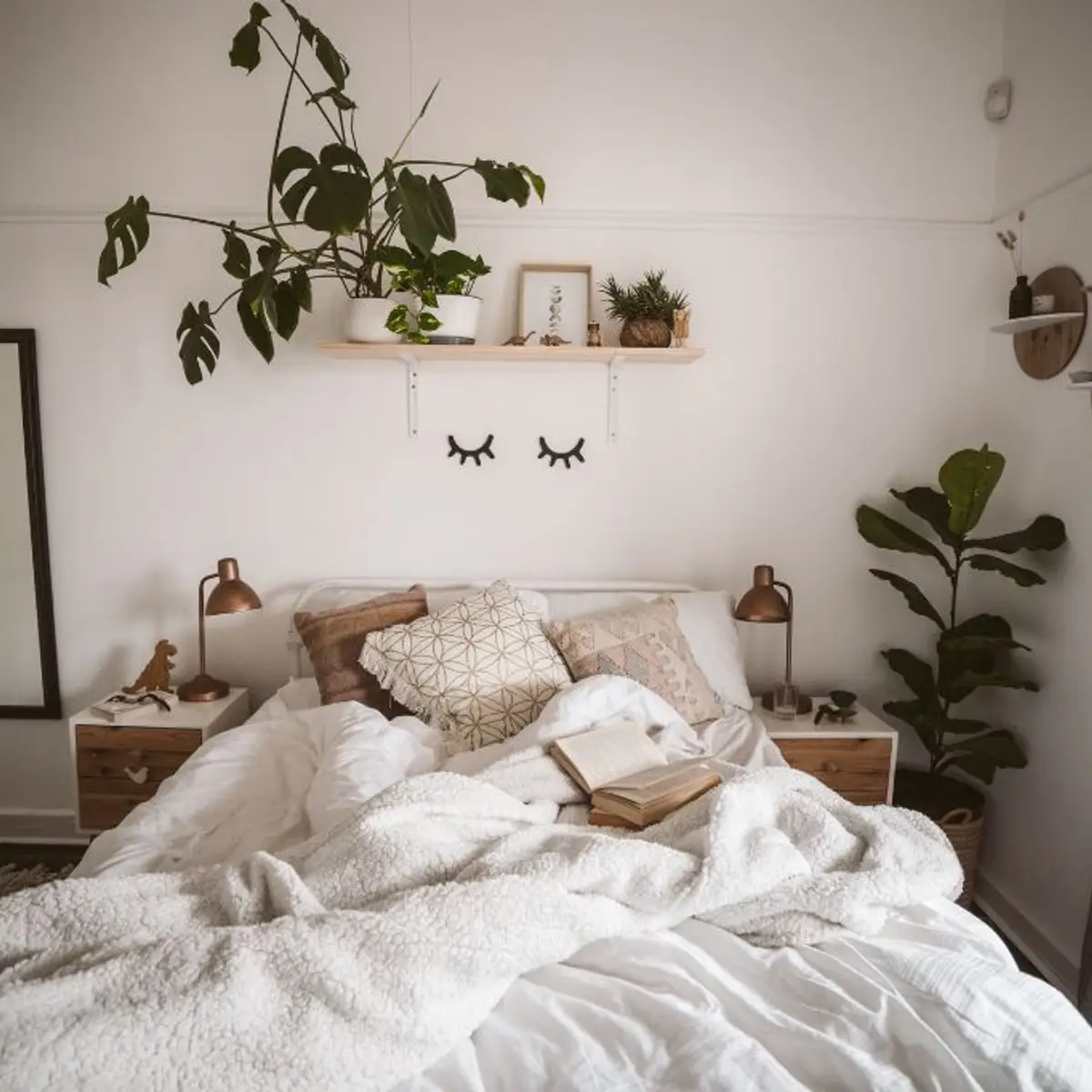 beige boho master bedroom with plant — real Indian home