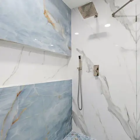 grey luxury bathroom with shower — real Indian home