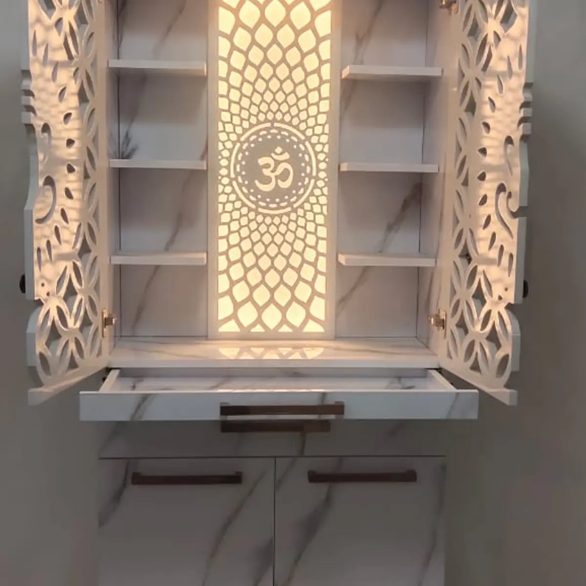 beige modern indian pooja room with pooja — real Indian home