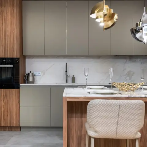 beige modern minimalist kitchen with layout — real Indian home