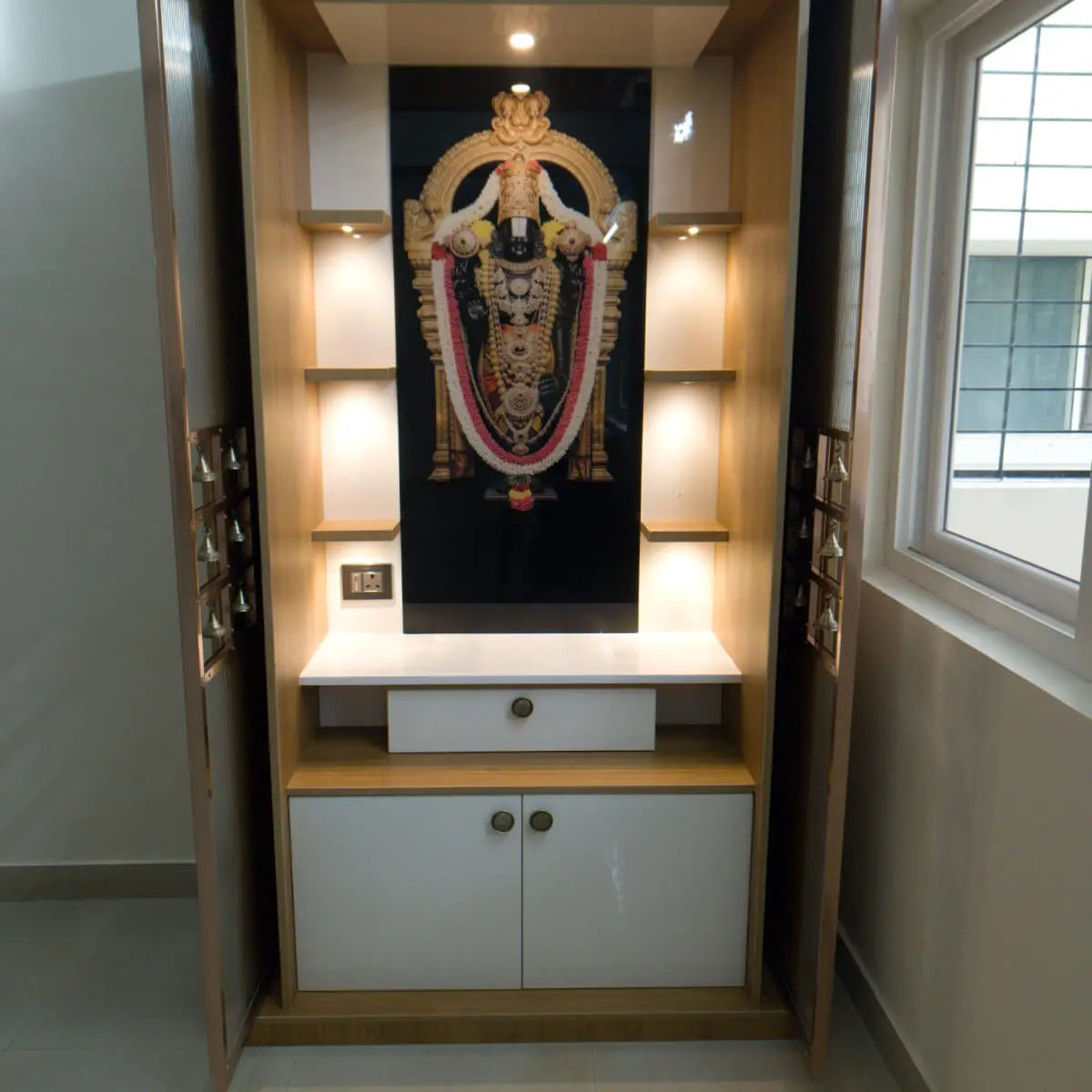 beige modern indian pooja room with pooja — real Indian home