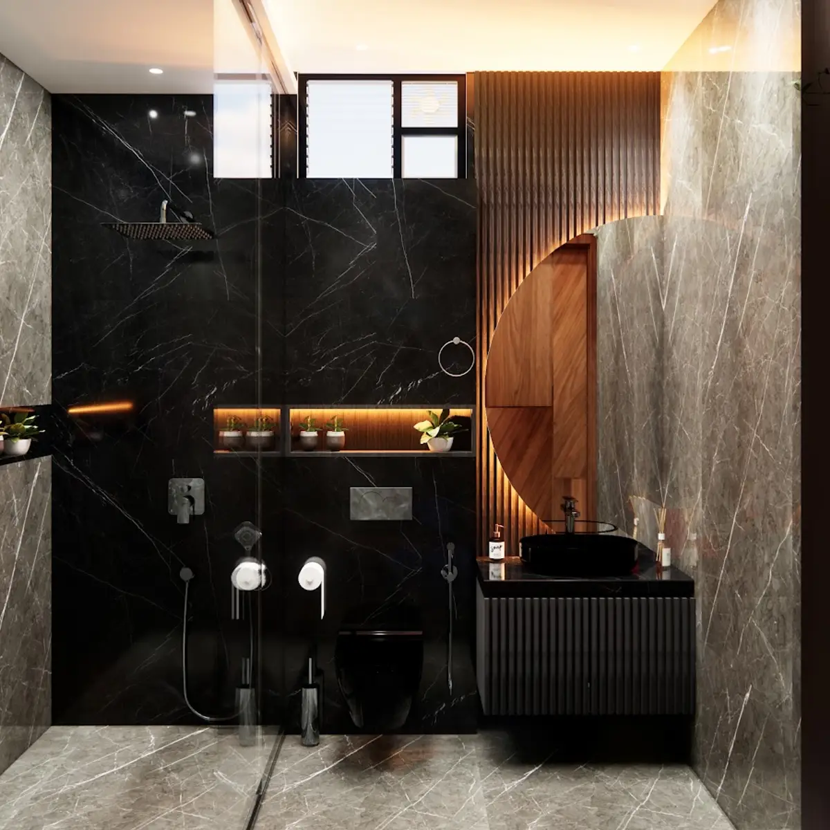 black and white luxury bathroom with tiles — real Indian home