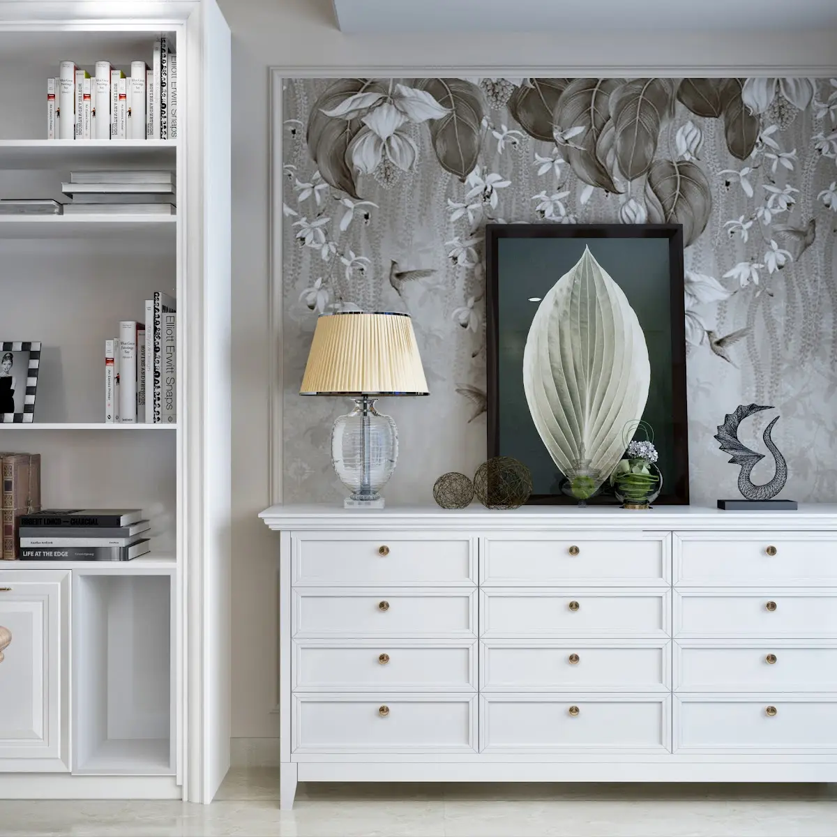 black and white traditional study room with wallpaper — real Indian home