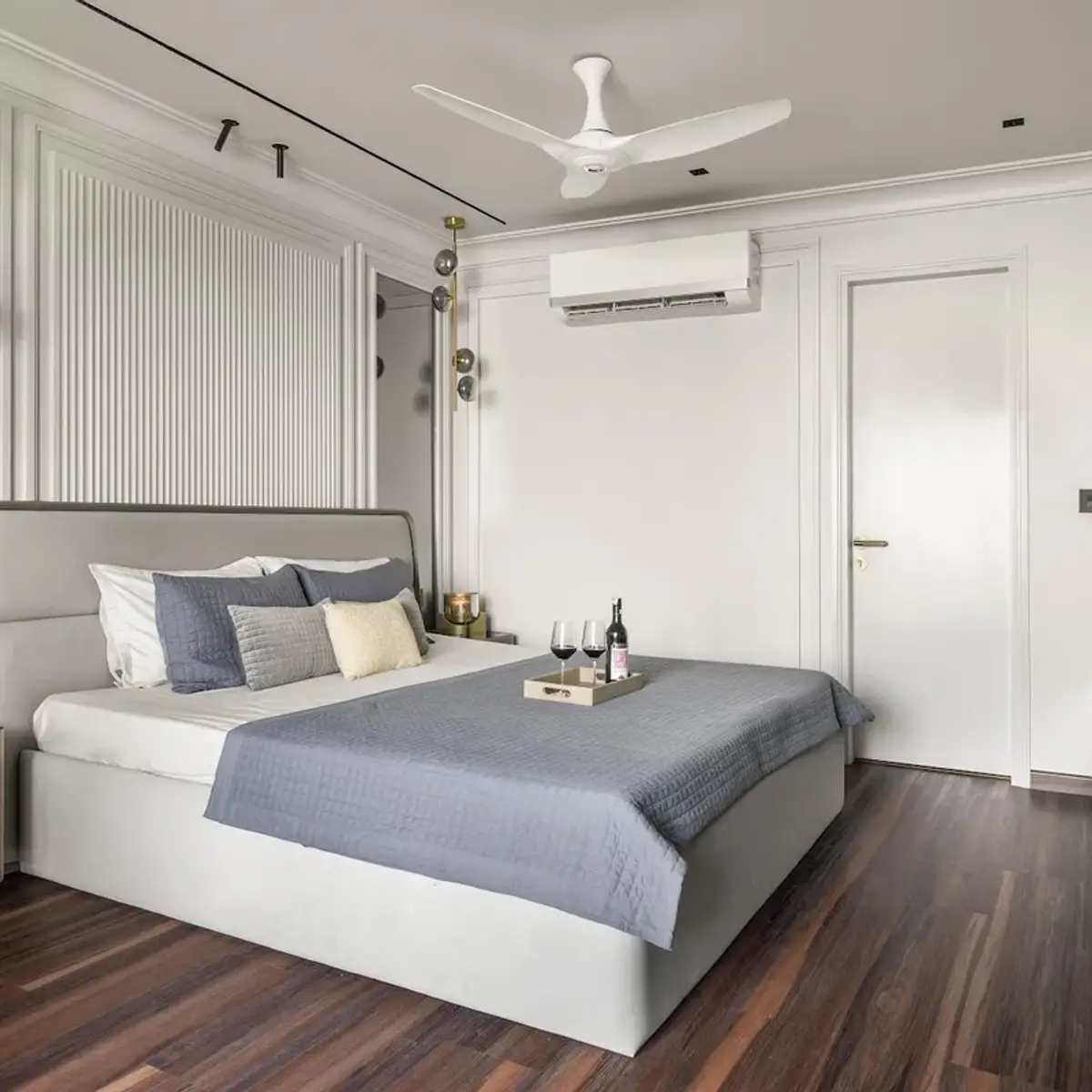 grey modern minimalist master bedroom with panelling — real Indian home