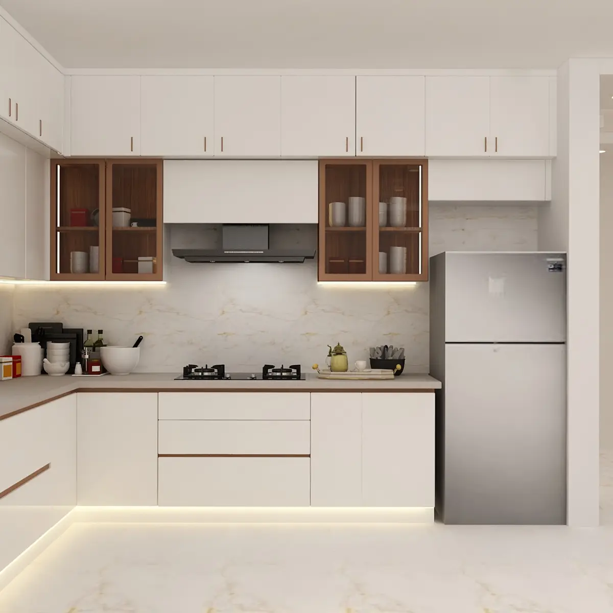 beige modern minimalist kitchen with layout — real Indian home