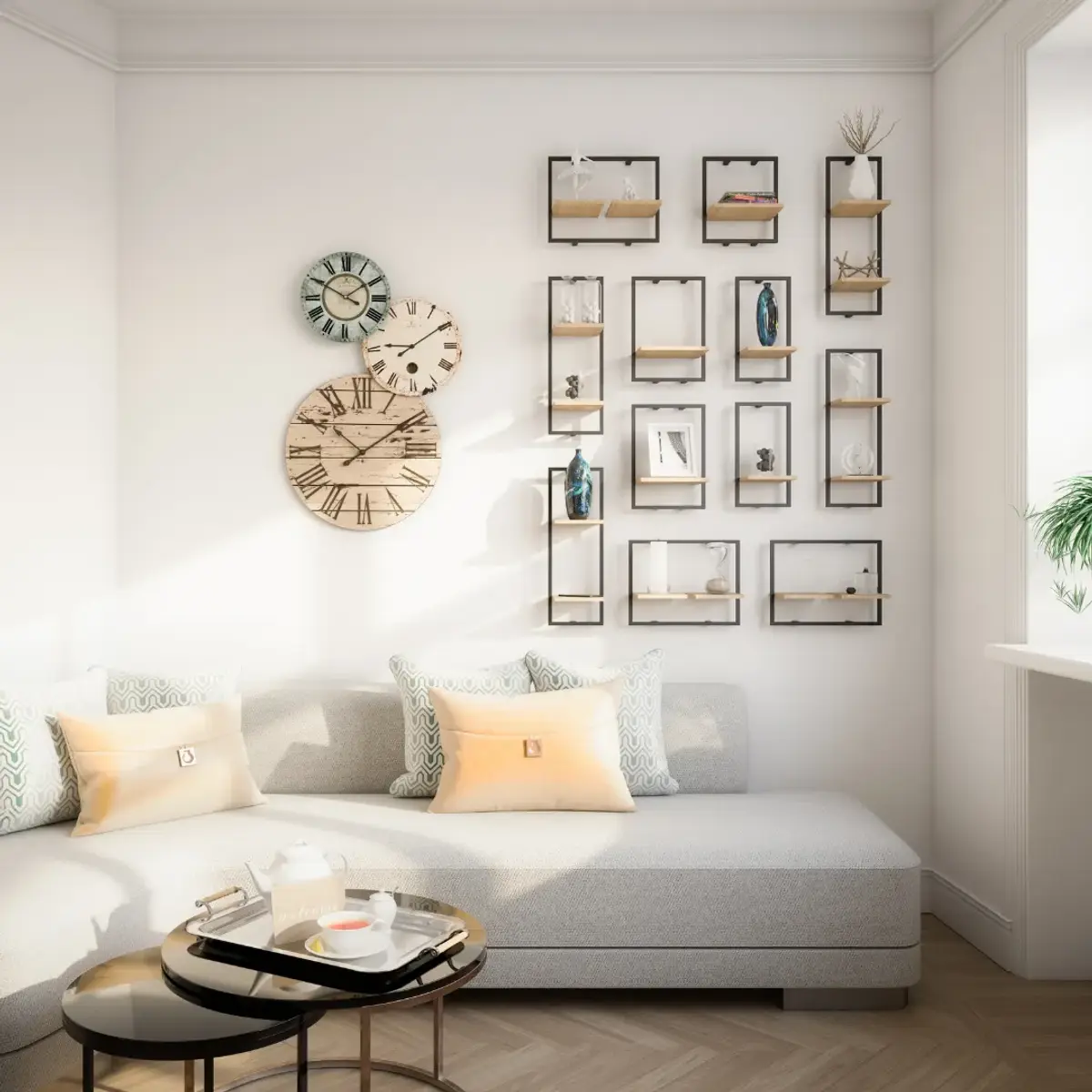 beige scandinavian living room with wall art — real Indian home