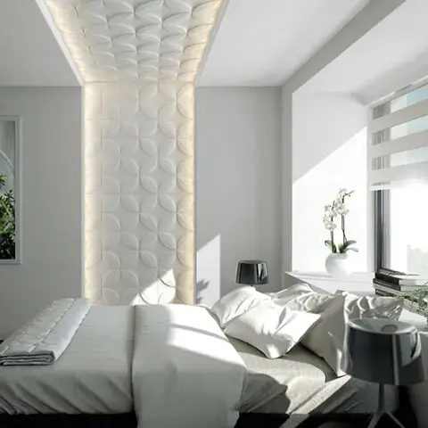 black and white modern minimalist master bedroom with panelling — real Indian home
