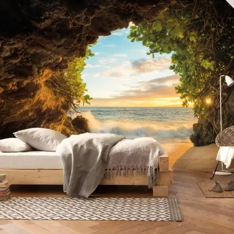 beige scandinavian master bedroom with wallpaper — real Indian home