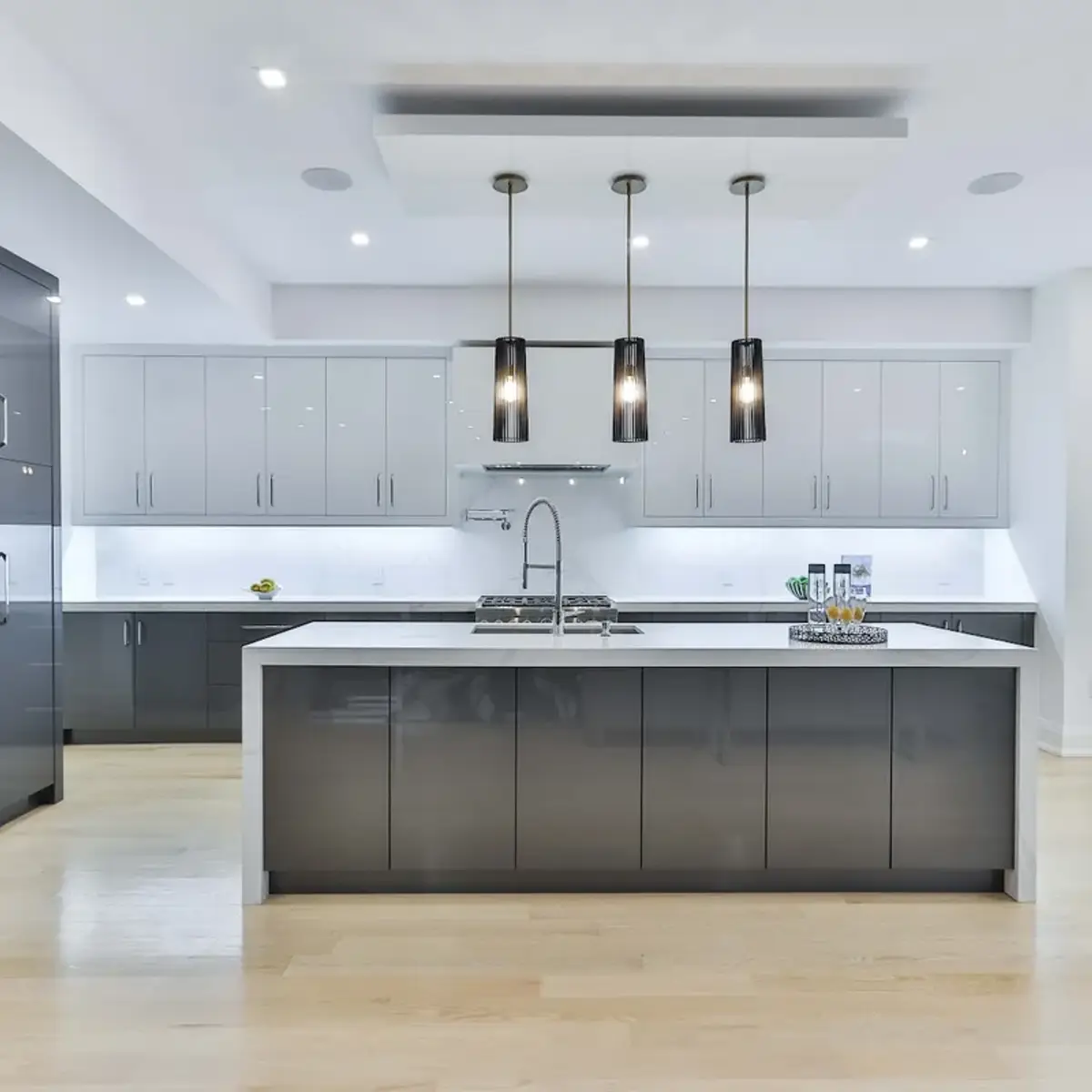 grey modern minimalist kitchen with layout — real Indian home