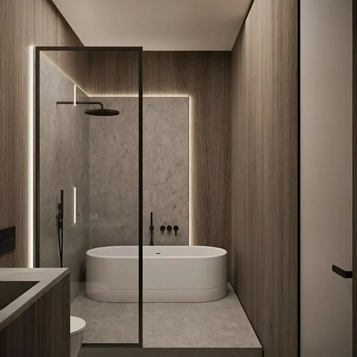 earthy modern minimalist bathroom with shower — real Indian home