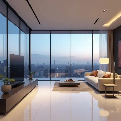 High-floor living room render with a long dark TV console lit from beneath running along a full-height glazed corner over a dusk city skyline